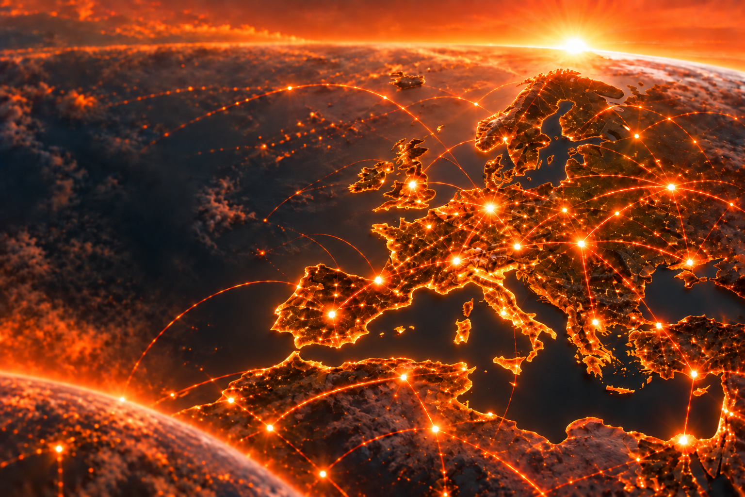 Leuchtend vernetztes Europa im goldenen Sonnenaufgang.